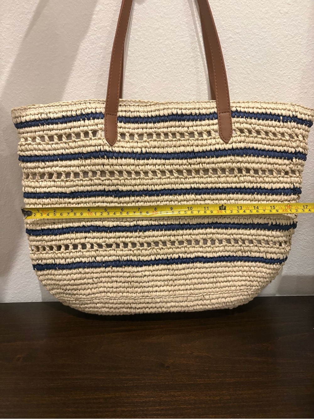 Tommy Bahama Natural Straw Tote with Navy Stripes and Brown Handles - Picture 4 of 5